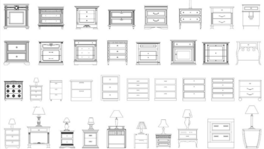 Bloques AutoCAD de mesas de noche en diferentes estilos con cajones y lámparas para diseño de interiores y dormitorios.