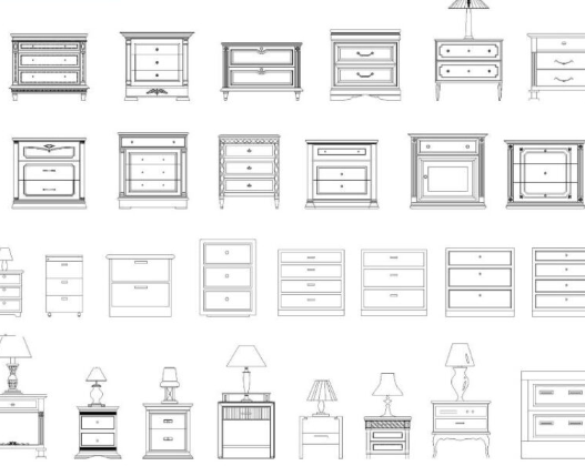 Bloques AutoCAD de mesas de noche en diferentes estilos con cajones y lámparas para diseño de interiores y dormitorios.