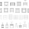 Bloques AutoCAD de mesas de noche en diferentes estilos con cajones y lámparas para diseño de interiores y dormitorios.