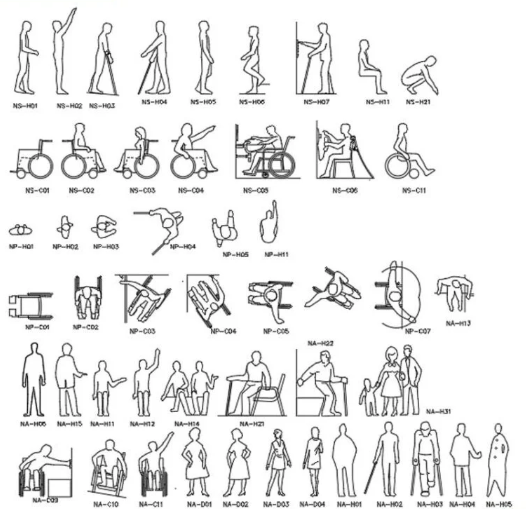 Bloques AutoCAD de personas con discapacidad, incluyendo sillas de ruedas, movilidad asistida y figuras humanas en diferentes posiciones para proyectos arquitectónicos.