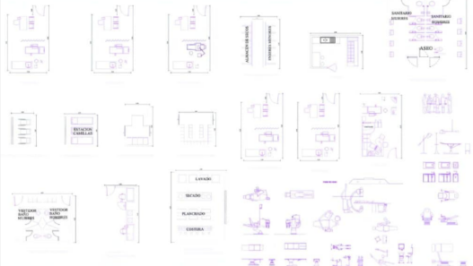 Bloques AutoCAD de mobiliario de oficina con escritorios, sillas y estaciones de trabajo en diferentes vistas para diseño de espacios laborales.
