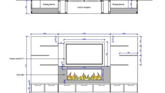 Bloque AutoCAD de mueble para TV con chimenea integrada, estanterías flotantes y gabinete inferior para proyectos de diseño interior.