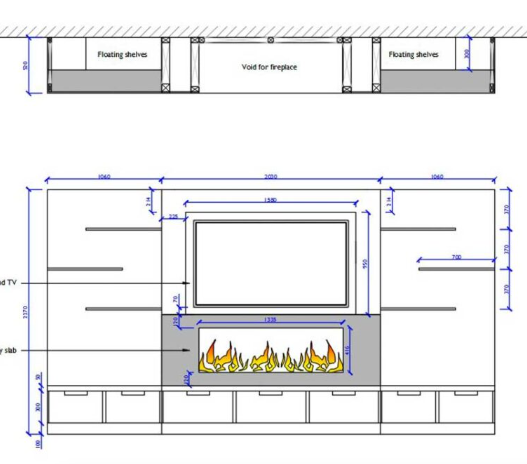 Bloque AutoCAD de mueble para TV con chimenea integrada, estanterías flotantes y gabinete inferior para proyectos de diseño interior.