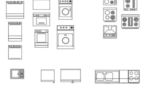 Bloques AutoCAD de muebles de cocina con electrodomésticos, encimeras y distribución en planta para proyectos de diseño interior.
