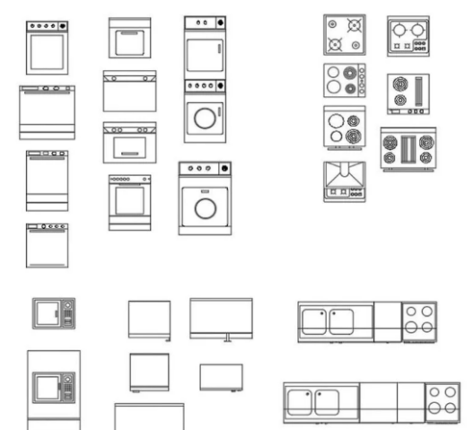 Bloques AutoCAD de muebles de cocina con electrodomésticos, encimeras y distribución en planta para proyectos de diseño interior.