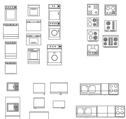 Bloques AutoCAD de muebles de cocina con electrodomésticos, encimeras y distribución en planta para proyectos de diseño interior.