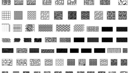 Bloques AutoCAD de muros de ladrillo con diferentes patrones, texturas y detalles constructivos para proyectos de arquitectura.