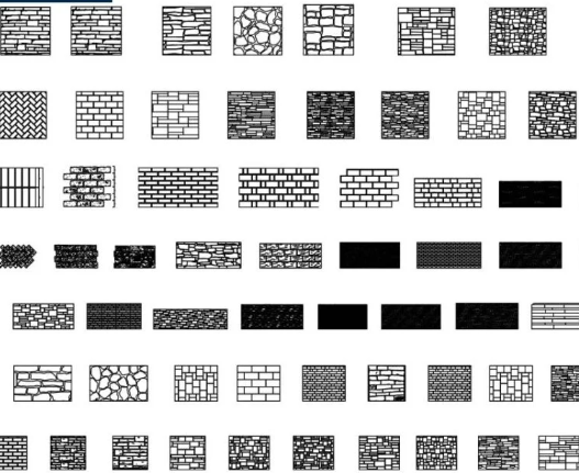 Bloques AutoCAD de muros de ladrillo con diferentes patrones, texturas y detalles constructivos para proyectos de arquitectura.