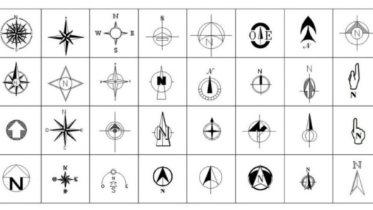 Bloques AutoCAD de dibujo de norte y rosas de los vientos con diferentes estilos para orientación en planos arquitectónicos y urbanísticos.