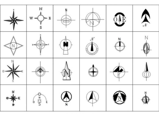 Bloques AutoCAD de dibujo de norte y rosas de los vientos con diferentes estilos para orientación en planos arquitectónicos y urbanísticos.