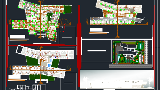 Bloques AutoCAD de nuevo hospital con planta arquitectónica, distribución de áreas médicas y vistas para proyectos de infraestructura sanitaria.