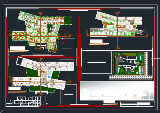 Bloques AutoCAD de nuevo hospital con planta arquitectónica, distribución de áreas médicas y vistas para proyectos de infraestructura sanitaria.