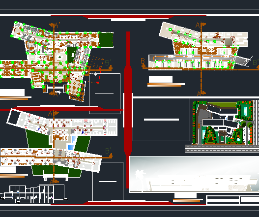 Bloques AutoCAD de nuevo hospital con planta arquitectónica, distribución de áreas médicas y vistas para proyectos de infraestructura sanitaria.