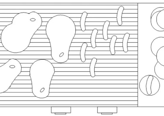 Bloque AutoCAD de parrilla con carne para asado y alimentos para proyectos de diseño de cocinas exteriores, parrillas y áreas recreativas.