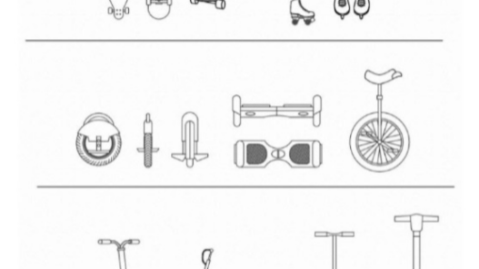 Bloques AutoCAD de patinetes eléctricos con vistas en planta, lateral y detalles para proyectos de movilidad urbana y diseño técnico.