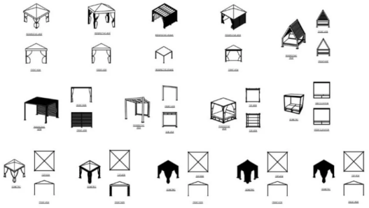Bloques AutoCAD de pérgolas, gazebos y estructuras de jardín utilizados para proyectos de paisajismo, arquitectura exterior y diseño de terrazas.