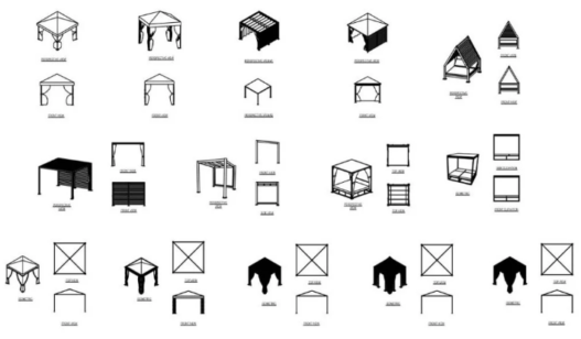Bloques AutoCAD de pérgolas, gazebos y estructuras de jardín utilizados para proyectos de paisajismo, arquitectura exterior y diseño de terrazas.