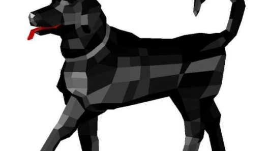Bloque AutoCAD de perro en estilo 3D low poly utilizado para proyectos de paisajismo, visualización arquitectónica y diseño urbano.