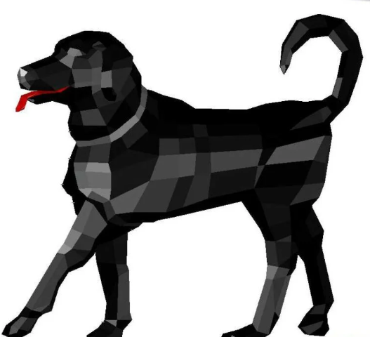 Bloque AutoCAD de perro en estilo 3D low poly utilizado para proyectos de paisajismo, visualización arquitectónica y diseño urbano.