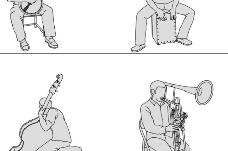 Bloques AutoCAD de personas tocando instrumentos musicales como guitarra, trombón y percusión, ideales para proyectos de arquitectura y diseño.