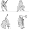 Bloques AutoCAD de personas tocando instrumentos musicales como guitarra, trombón y percusión, ideales para proyectos de arquitectura y diseño.