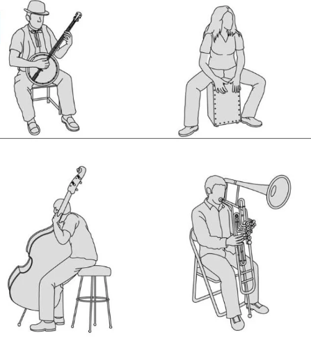 Bloques AutoCAD de personas tocando instrumentos musicales como guitarra, trombón y percusión, ideales para proyectos de arquitectura y diseño.