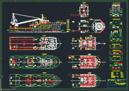 Plano técnico de buque de carga con perfil lateral, cubiertas y distribución interna en AutoCAD para proyectos de arquitectura naval e ingeniería marítima.