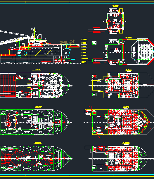 Plano técnico de buque de carga con perfil lateral, cubiertas y distribución interna en AutoCAD para proyectos de arquitectura naval e ingeniería marítima.