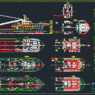 Plano técnico de buque de carga con perfil lateral, cubiertas y distribución interna en AutoCAD para proyectos de arquitectura naval e ingeniería marítima.