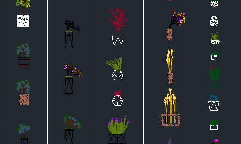 Bloques AutoCAD de plantas de interior con macetas, detalles decorativos y diferentes especies para proyectos de diseño interior.