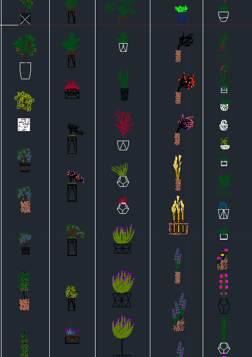 Bloques AutoCAD de plantas de interior con macetas, detalles decorativos y diferentes especies para proyectos de diseño interior.