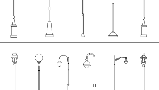 Bloques AutoCAD de postes de iluminación urbana y farolas para proyectos de urbanismo, calles, parques y espacios públicos.