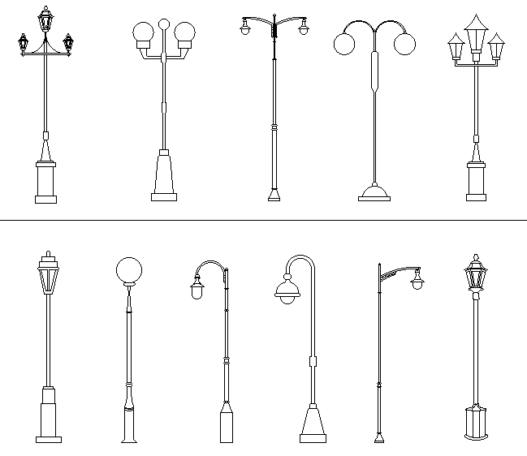 Bloques AutoCAD de postes de iluminación urbana y farolas para proyectos de urbanismo, calles, parques y espacios públicos.