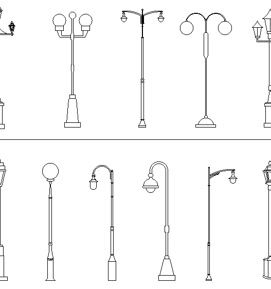 Bloques AutoCAD de postes de iluminación urbana y farolas para proyectos de urbanismo, calles, parques y espacios públicos.