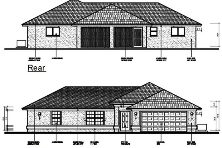 Bloques AutoCAD de proyecto de casa de una sola planta con distribución de espacios, planos arquitectónicos y detalles para diseño residencial.