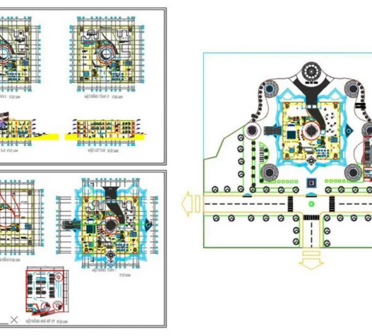 Bloques AutoCAD de proyecto de museo con planos arquitectónicos, distribución de espacios y detalles para diseño cultural.