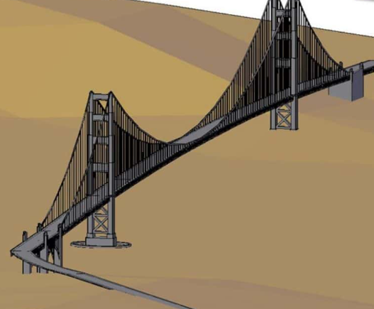 Bloques AutoCAD del puente Golden Gate en 3D con estructura, torres y cables para proyectos de ingeniería y modelado arquitectónico.