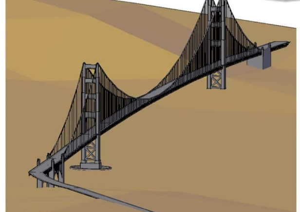 Bloques AutoCAD del puente Golden Gate en 3D con estructura, torres y cables para proyectos de ingeniería y modelado arquitectónico.