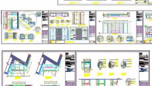 Bloques AutoCAD de puerta corrediza con detalles en planta, sistema de deslizamiento y marcos para proyectos de arquitectura.