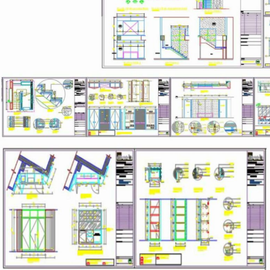 Bloques AutoCAD de puerta corrediza con detalles en planta, sistema de deslizamiento y marcos para proyectos de arquitectura.