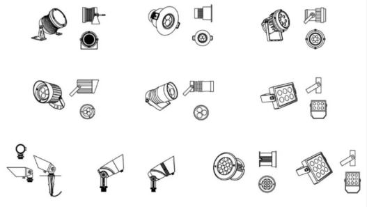 Bloques AutoCAD de reflectores y luminarias para iluminación arquitectónica y exterior en proyectos eléctricos y de paisajismo.