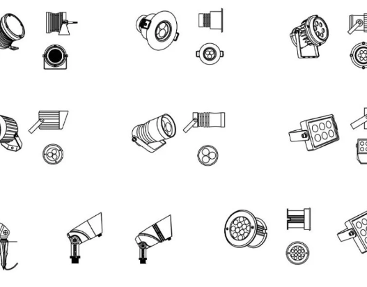 Bloques AutoCAD de reflectores y luminarias para iluminación arquitectónica y exterior en proyectos eléctricos y de paisajismo.