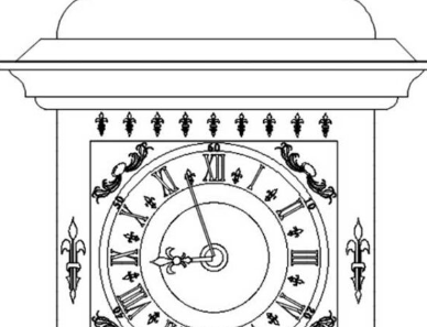 Bloque AutoCAD de reloj de sobremesa clásico con detalles ornamentales en vista frontal para proyectos de diseño interior y decoración.