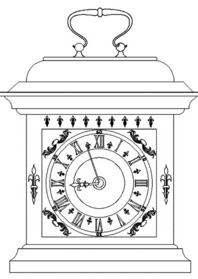 Bloque AutoCAD de reloj de sobremesa clásico con detalles ornamentales en vista frontal para proyectos de diseño interior y decoración.