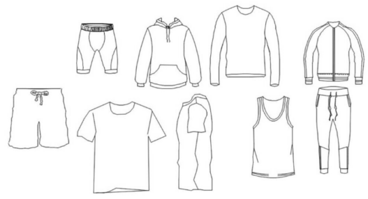 Bloque AutoCAD de ropa deportiva con camisetas, sudaderas, pantalones cortos y prendas deportivas para proyectos de diseño y tiendas de ropa.