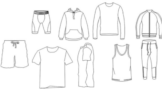 Bloque AutoCAD de ropa deportiva con camisetas, sudaderas, pantalones cortos y prendas deportivas para proyectos de diseño y tiendas de ropa.