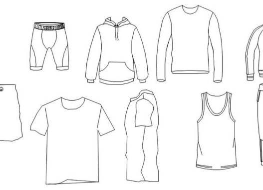 Bloque AutoCAD de ropa deportiva con camisetas, sudaderas, pantalones cortos y prendas deportivas para proyectos de diseño y tiendas de ropa.