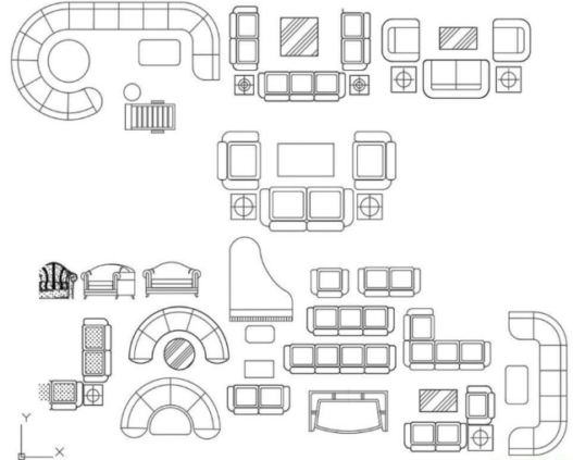 Bloques AutoCAD de juego de sala con sofás, sillones y mesa central, incluyendo vistas en planta y alzado para proyectos de arquitectura y diseño interior.