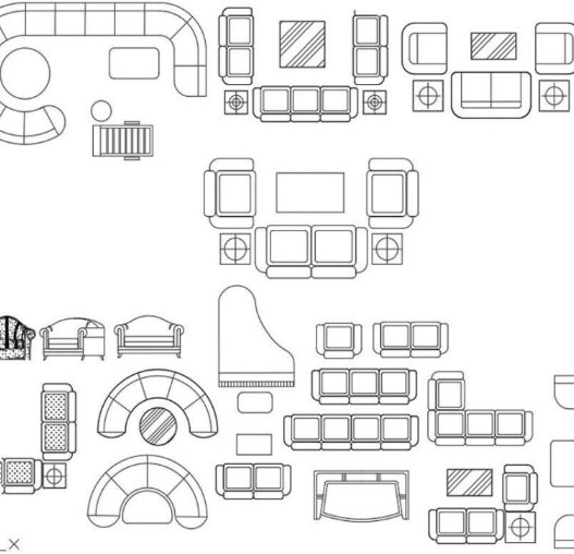 Bloques AutoCAD de juego de sala con sofás, sillones y mesa central, incluyendo vistas en planta y alzado para proyectos de arquitectura y diseño interior.