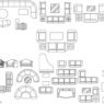 Bloques AutoCAD de juego de sala con sofás, sillones y mesa central, incluyendo vistas en planta y alzado para proyectos de arquitectura y diseño interior.